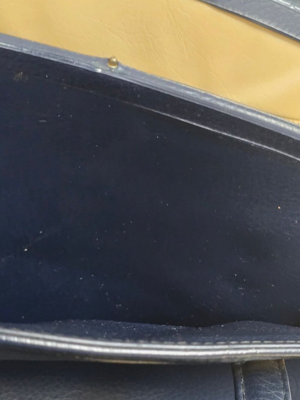 Vintage Navy Blue Leather Handbag Gold Hardware Top Handles & Beige Interior - Picture 12 of 16